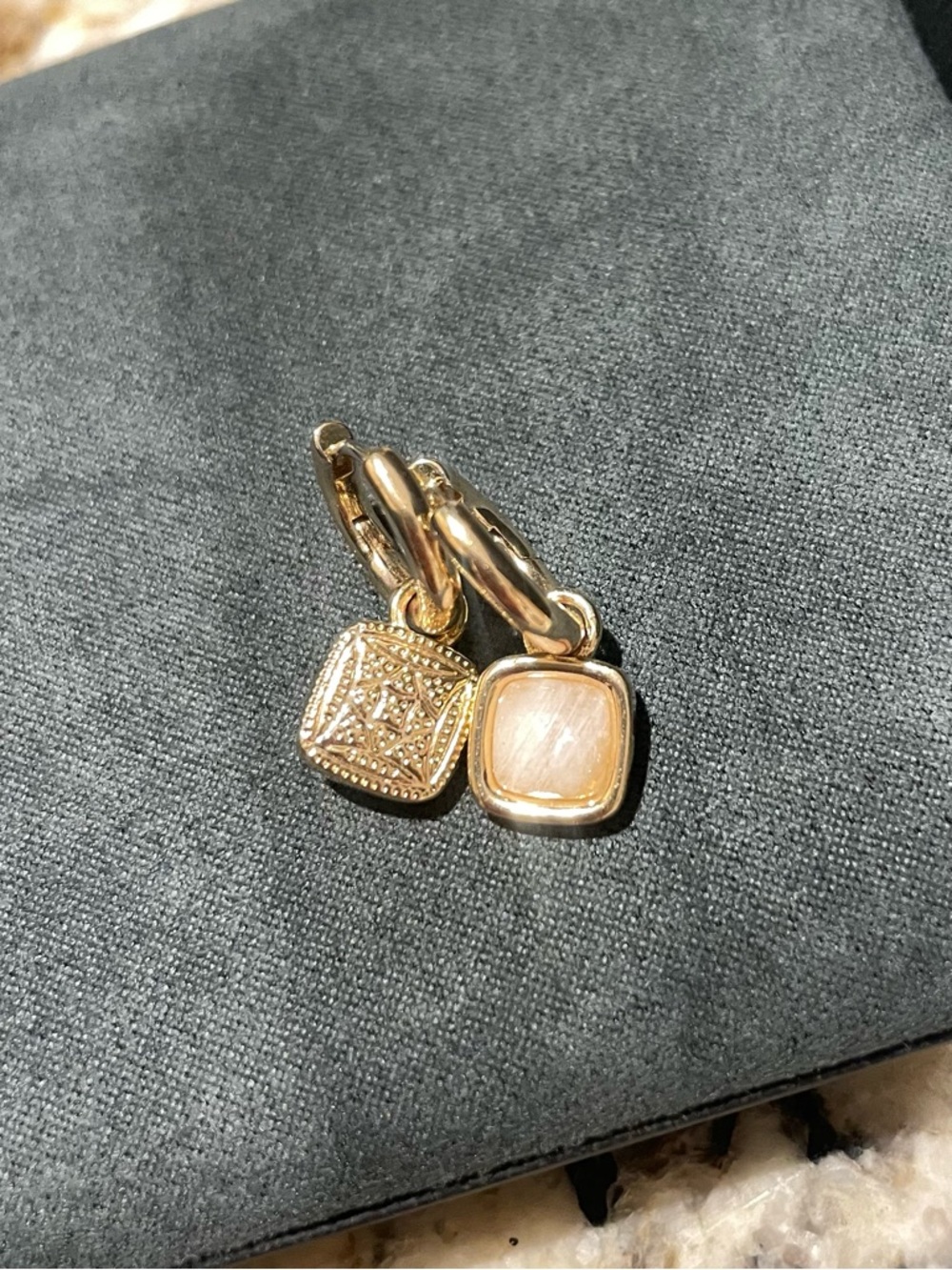 Anthropologie Reversible Gold Hoop Pendant Earrings with Stone Square Inlay